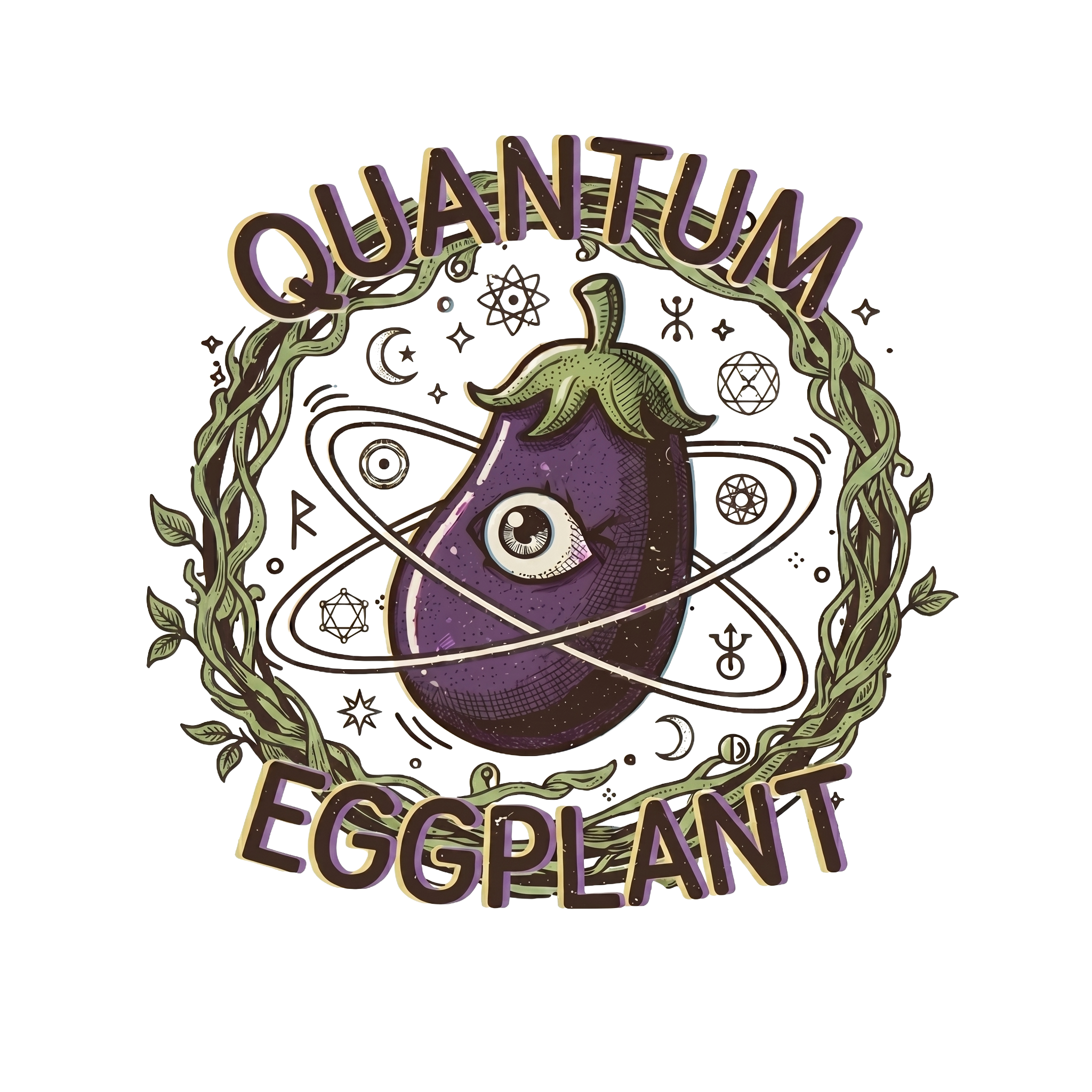 QuantumEggplant — a winking one-eyed eggplant inside atomic orbital rings, ringed by alchemical glyphs
